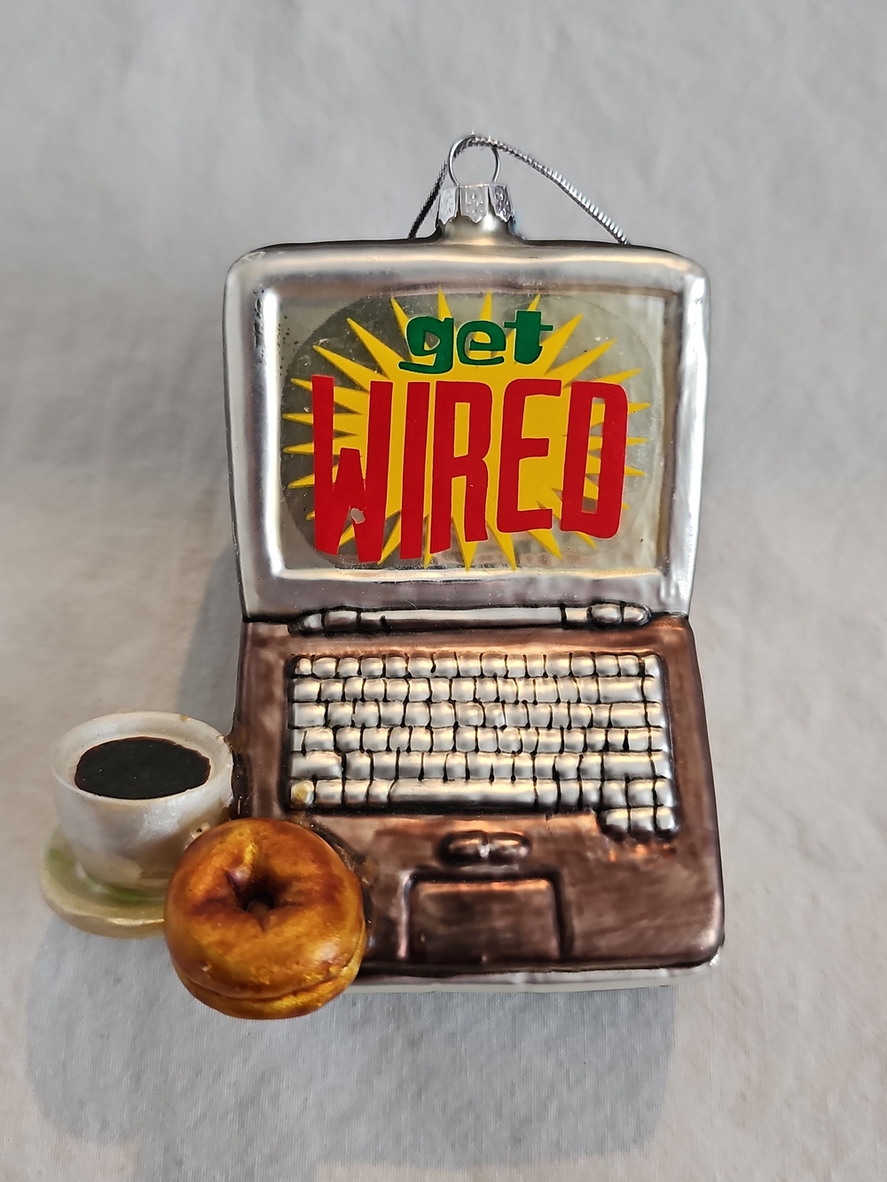 Vtg Christopher Radko Christmas Ornament Computer W/Coffee Cup & Donut Get Wired